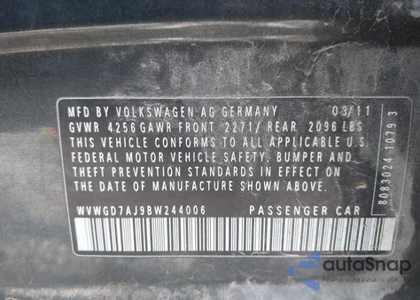 2011 Volkswagen Gti 4-Door Autobahn z USA, uszkodzony, nr VIN WVWGD7AJ9BW244006